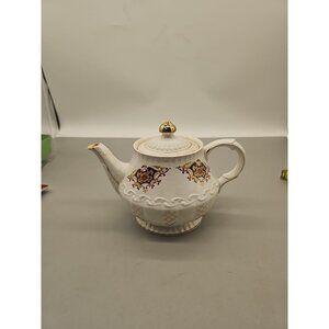 Vintage Ellgreave staffordshire Ironstone Teapot England Floral with Gold Trim